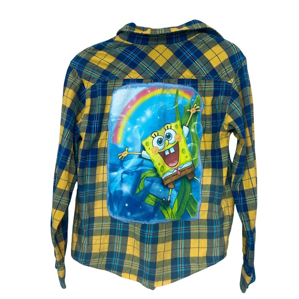 Sponge Bob Square Pants Plaid Flannel Shirt Kids XL Unique Nickelodeon Upcycled